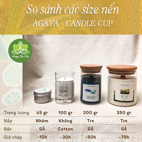 Bảng các size kíc cỡ  của nến thơm agaya Candle Cup
