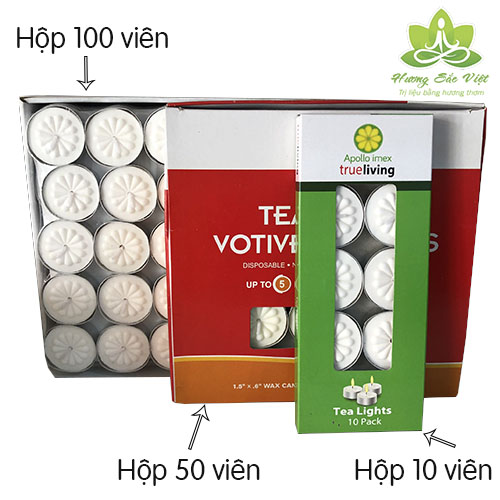 Các size hộp nến Tealight 10 viên,50 viên,100 viên tại Hương Sắc Việt