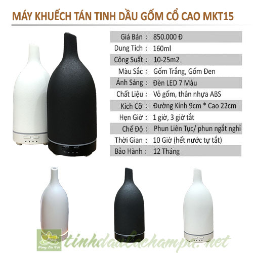Thông số kỹ thuật máy khuếch tán tinh dầu gốm cổ cao trắng, đen