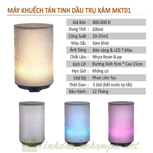 Thông số kỹ thuật máy khuếch tán tinh dầu trụ xám mkt01