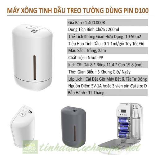 Thông số kỹ thuật máy xông tinh dầu treo tường không nước dùng pin d100