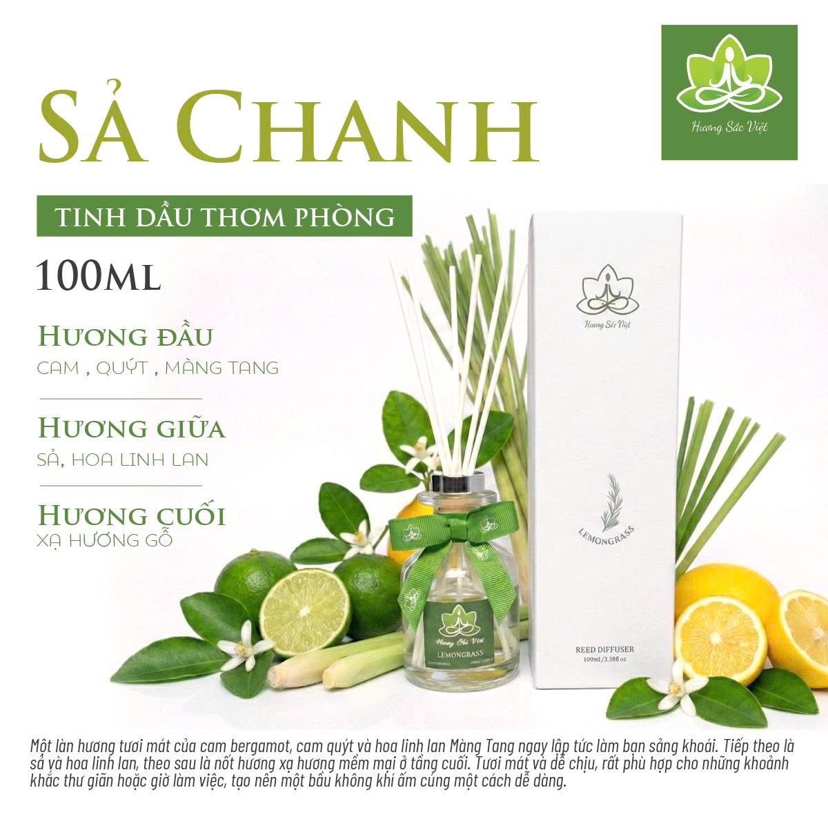 Lọ tinh dầu cắm que khuếch tán 100ml Sả Chanh Lemongrass