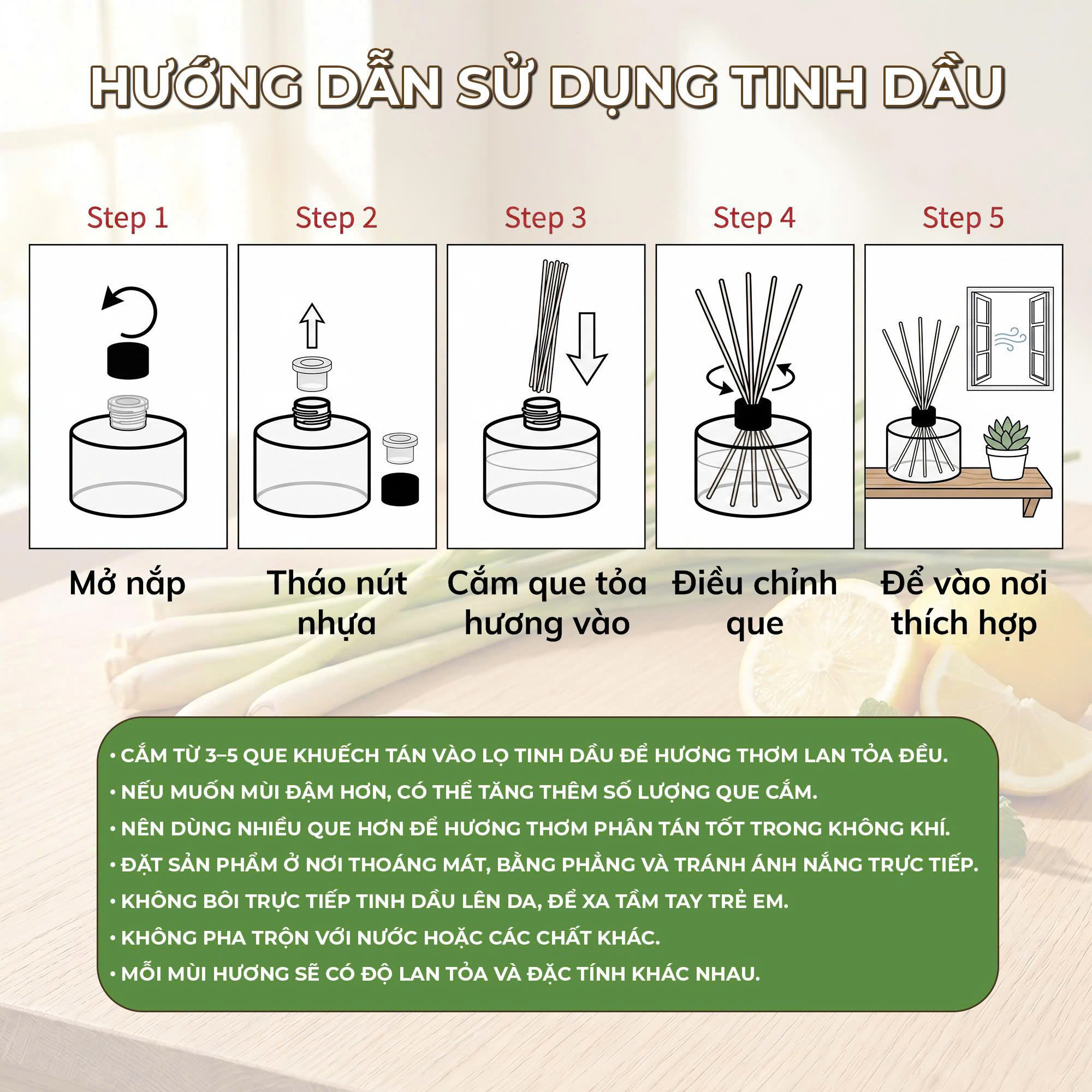 hướng dẫn sử dụng lọ tinh dầu cắm que khuếch tán