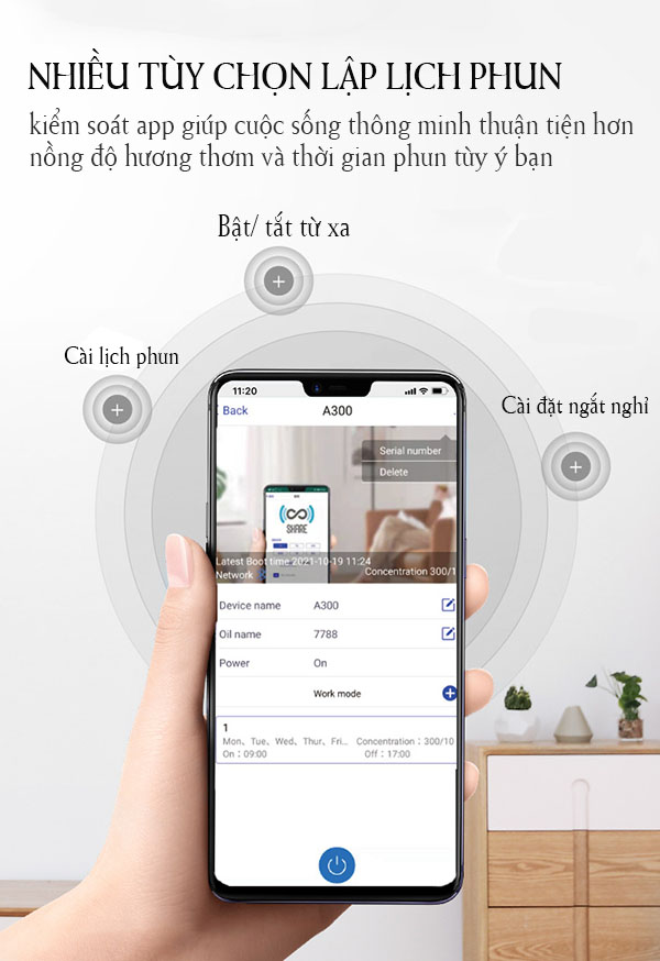 Máy xông tinh dầu cao cấp, có app điện thoại, không dùng nước, treo tường MTD06